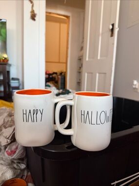Rae Dunn White Ceramic Mugs with Orange Interior - 'Happy' & 'Halloween' Set